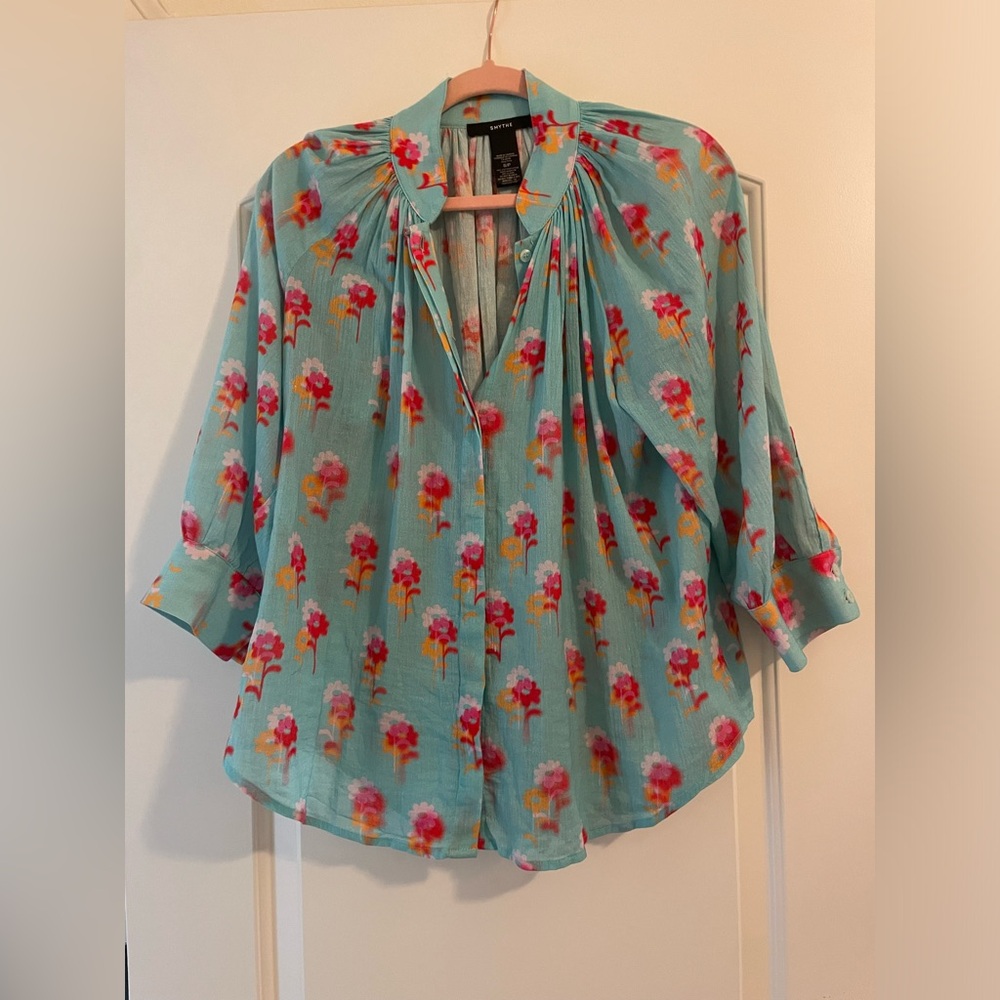 Smythe Aqua Floral Pleated Collar Blouse